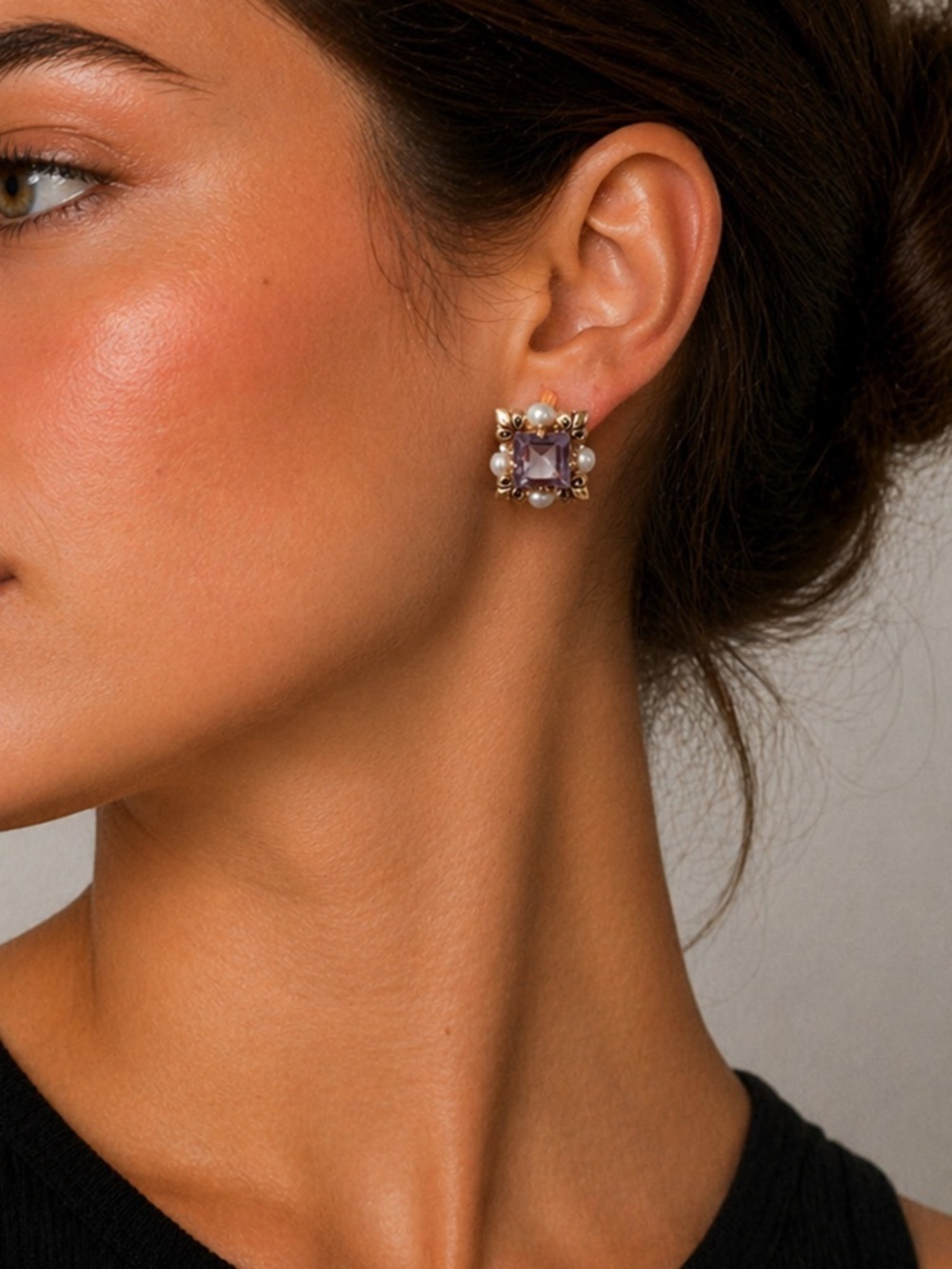 Gold Pearl & Amethyst Square Stud Earrings - Women Jewelry